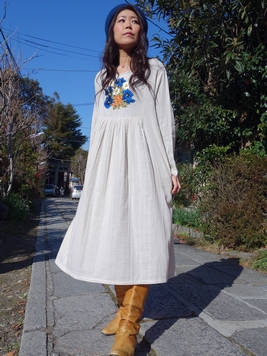 フラワーエンブロイダリーワンピース 梟 通販 エスニック アジアン ナチュラル ファッション 服 雑貨
