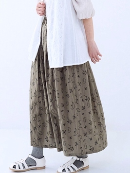 鳥と葉っぱの刺繍ステッチコットンスカート