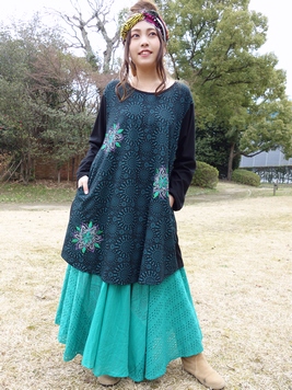 スパーク花刺繍ワンピース 梟 通販 エスニック アジアン ナチュラル ファッション 服 雑貨