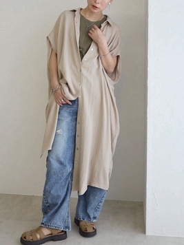 フレンチ袖ロングブラウスワンピース