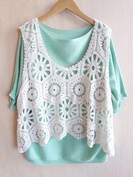 レース編みの花コットンニットベスト