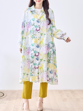 春花コットンAラインシャツワンピース