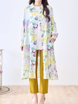 春花コットンAラインシャツワンピース