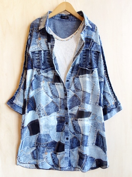 シアーのデニムパッチプリントロングシャツ