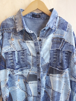 シアーのデニムパッチプリントロングシャツ