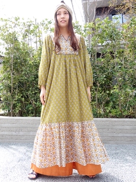 ブロックエンブコットンワンピース