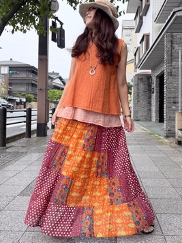 水玉と花のブロックプリント風コットンスカート