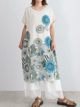 線画の花コットンワンピース
