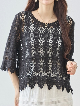 クロシェ編みのオーバル花コットンTOP