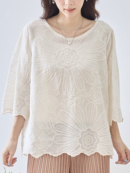 花のアウトライン刺繍シアーコットンTOP
