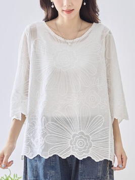 花のアウトライン刺繍シアーコットンTOP
