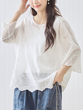 花のアウトライン刺繍シアーコットンTOP