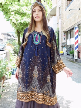 ネック刺繍のボヘミアンチュニック 梟 通販 エスニック アジアン ナチュラル ファッション 服 雑貨