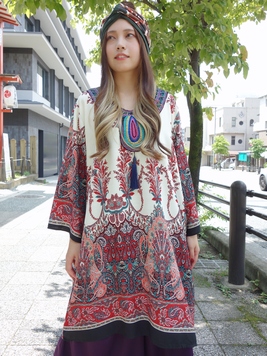 ネック刺繍のボヘミアンチュニック 梟 通販 エスニック アジアン ナチュラル ファッション 服 雑貨