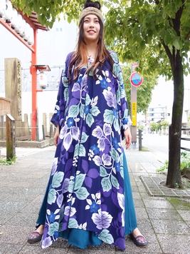 竜胆着物ワンピース 梟 通販 エスニック アジアン ナチュラル ファッション 服 雑貨