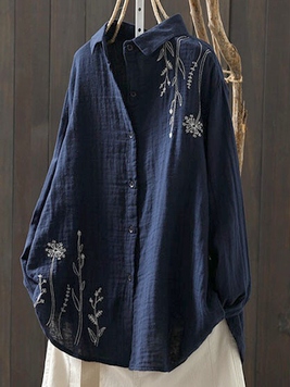 草花の刺繍コットンシャツブラウス