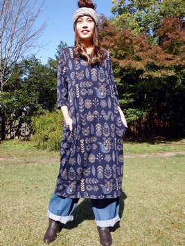 ヒュッゲコクーンワンピース 梟 通販 エスニック アジアン ナチュラル ファッション 服 雑貨