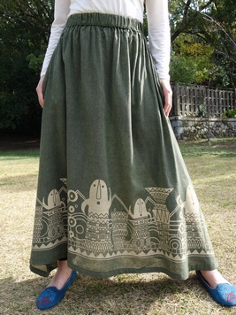 壁画風プリントロングスカート 梟 通販 エスニック アジアン ナチュラル ファッション 服 雑貨