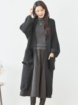 ファーポケニットロングカーデ